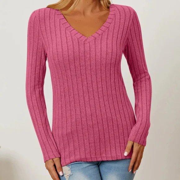 Pink Ribbed V-Neck Long Sleeve Knit Top – Slim Fit Lightweight Sweater - Picture 3 of 3